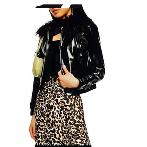 TOPSHOP Lisa Vinyl cropped Jacket Womens 12 Faux Mongolian wool collar Black NEW
